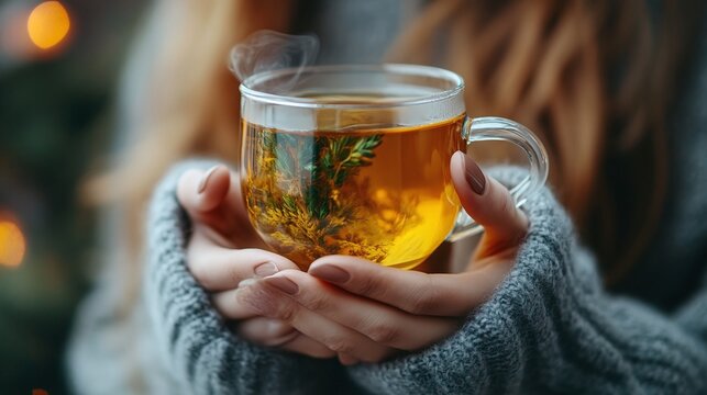 person enjoying a glass cup of tea for health, focusing on wellness and the calming effects of the herbal tea, with each sip promoting health and relaxation