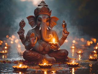 Ganesha idol holding a glowing oil lamp sits amidst a serene atmosphere with floating diyas, creating a spiritual and peaceful ambiance during a traditional celebration