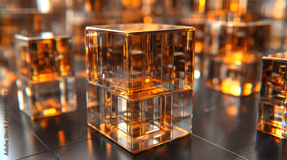 Poster a cluster of transparent amber cubes reflecting light on a dark surface, creating a warm, inviting a