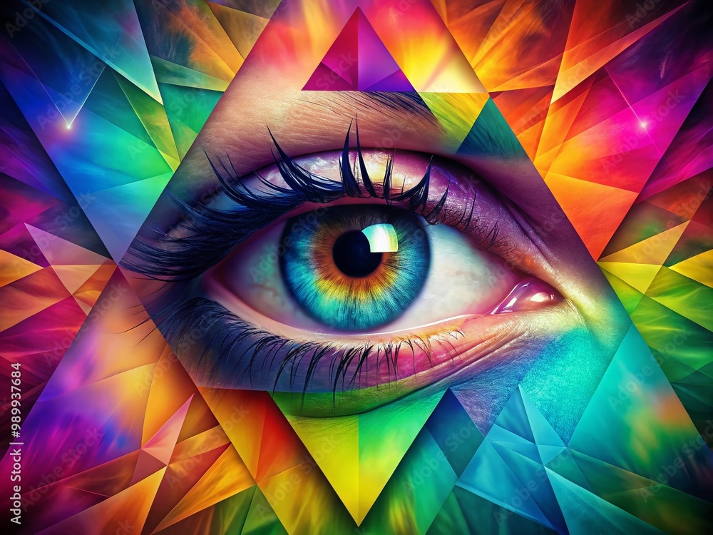 Poster intriguing eye within a geometric triangle abstract design representing vision and perspective
