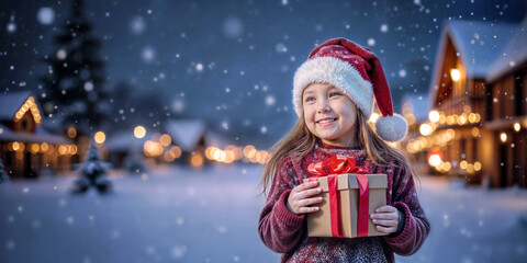A little girl wearing a Santa hat, holding a gift box at Christmas time.