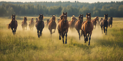 Wild Horses Galloping Through a Lush Green Field