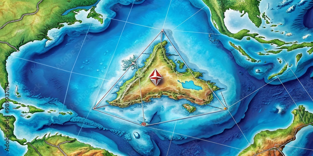 Poster intriguing map illustration of the mysterious bermuda triangle with nautical elements and routes