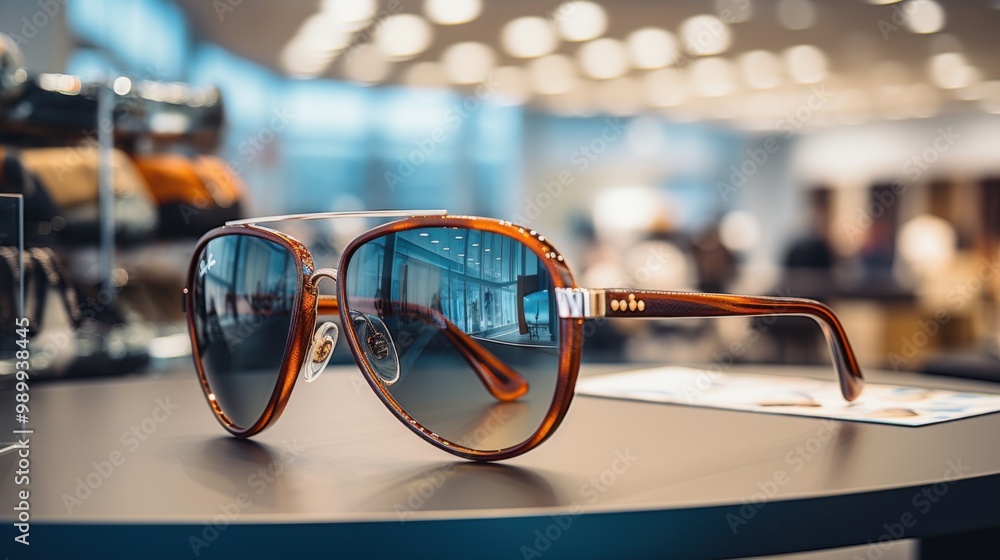 Wall mural close-up of luxurious and beautiful designer sunglasses displayed in a luxury store at an airport.