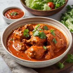Fototapeta premium Delicious juicy tasty butter chicken dish well cooked with Tomato sauce with some vegetable served, traditional butter chicken, tasty butter chicken curry dish