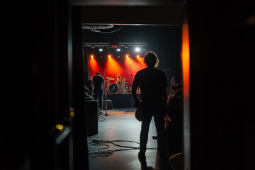 Backstage View of the Rock Concert with Musicians Preparing for Their Electrifying Performance on Stage