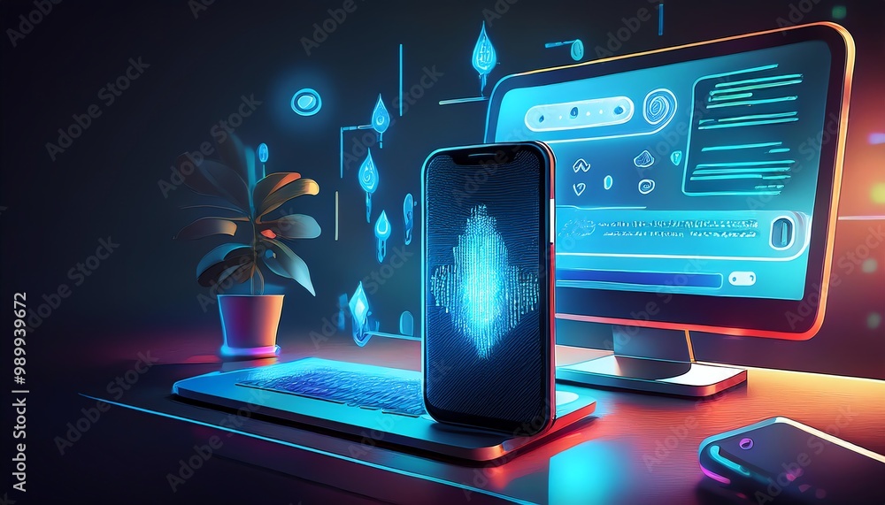 Poster a futuristic workspace featuring a glowing smartphone and computer, surrounded by digital elements a