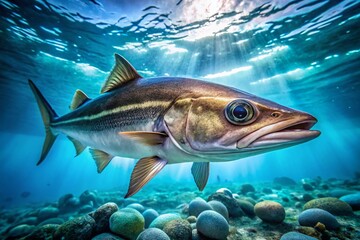 Fototapeta premium Juvenile Cobia Fish Swimming in Clear Blue Water Underwater Marine Life Wildlife Photography