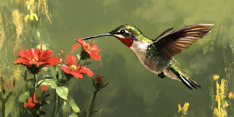 Fototapeta premium Hummingbird hovering near red flowers