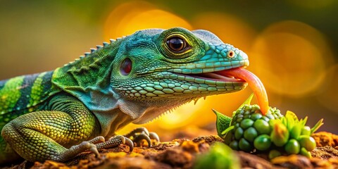 Obraz premium Lizard Enjoying a Meal in Natural Habitat, Vibrant Colors and Intriguing Details Captured Perfectly