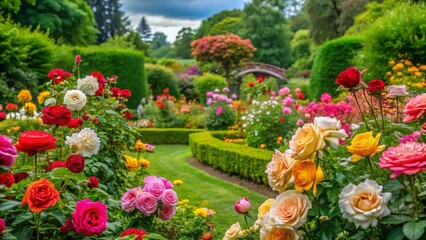 Obraz premium Lush Beds of Vibrant Roses in Full Bloom Surrounded by Green Foliage in a Serene Garden Setting