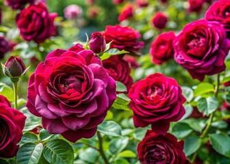 Obraz premium Lush Burgundy Roses in Full Bloom, Capturing Elegance and Romance in Nature's Beauty