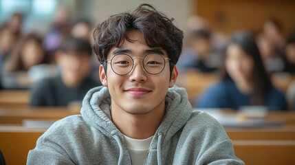 portrait of a smiling korean asian university student sitting in a lecture hall enjoying the experience of college education and academic learning with a happy and motivated outlook