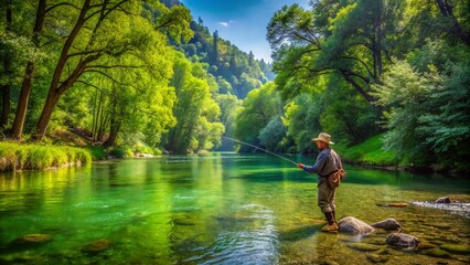 Lush green riverbank scene with an angler casting line into clear water surrounded by nature