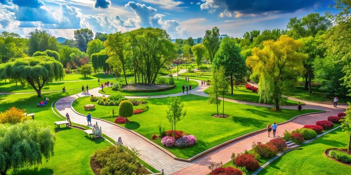 Lush green park with vibrant trees and pathways inviting visitors to enjoy nature and leisure activities