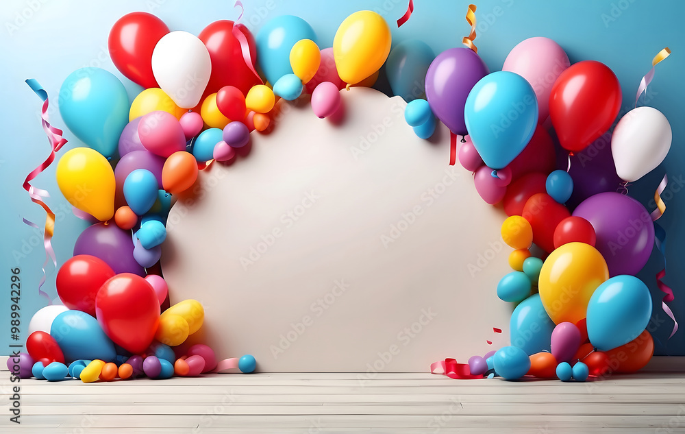 Fototapete A bunch of colourful balloons with dynamic flying confetti on a gradient background