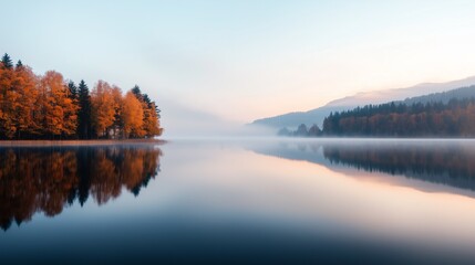 Fototapeta premium Serene autumn landscape featuring a calm lake reflecting vibrant trees and misty mountains at sunrise.