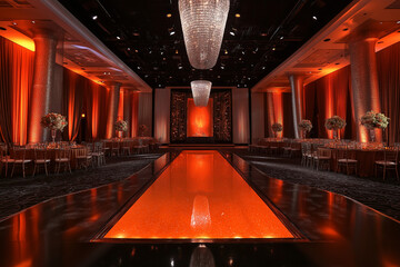 Wide Stage Set for a Corporate Gala with Elegant Lighting and Decorations, Creating a Sophisticated Ambiance