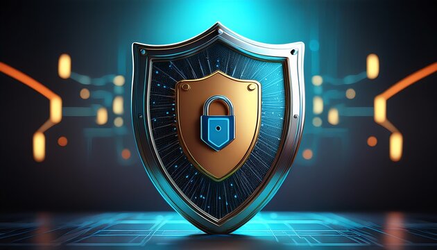 A futuristic shield with a blue glow, symbolizing protection and cybersecurity in a digital landscape.
