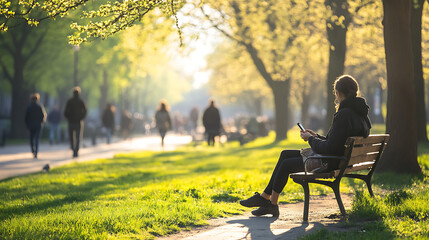 Woman Relaxing on Park Bench Using Smartphone in Sunny Park