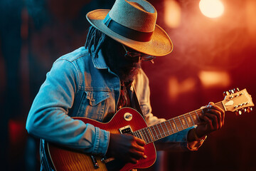 Obraz premium Sloth Reggae Guitarist on Stage with a Guitar, Strumming Mellow Tunes for a Laid-Back Audience