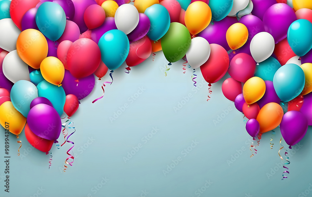 Fototapete A bunch of colourful balloons with dynamic flying confetti on a gradient background