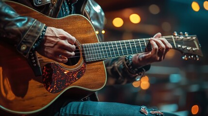 Obraz premium guitarist strumming an acoustic guitar in a live stage performance showcasing the skills of a famous guitar player under the spotlight as the audience enjoys the musical talent and artistry