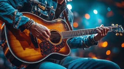 guitarist strumming an acoustic guitar in a live stage performance showcasing the skills of a famous guitar player under the spotlight as the audience enjoys the musical talent and artistry