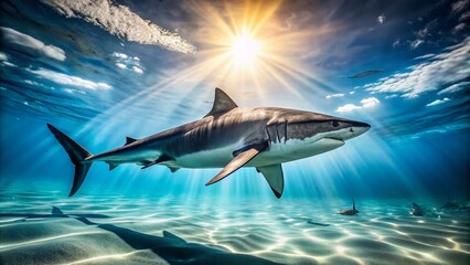 Fototapeta premium Majestic Big Shark Swimming Gracefully in Crystal Clear Ocean Waters Under Bright Sunlight