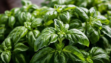Fresh basil leaves with soft texture closeup