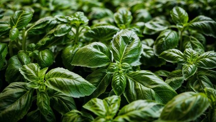 Fresh basil leaves with smooth texture closeup