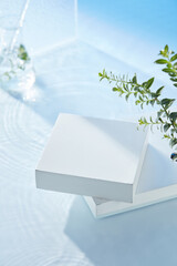 Ads for minimalist cosmetics on water contain volumetric flasks and tree branches in the background with empty white platforms stacked to create product display space.