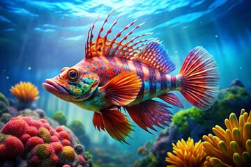 Fototapeta premium Majestic Dragon Fish Swimming Gracefully in Crystal Clear Waters of a Vibrant Coral Reef Habitat