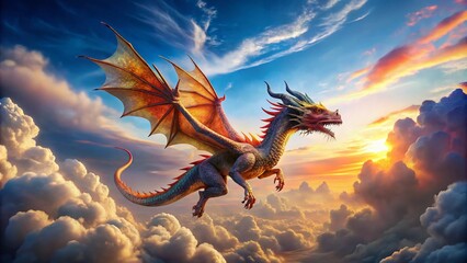 Majestic Flying Dragon Soaring Through a Vibrant Sky with Cloudy Background and Beautiful Colors