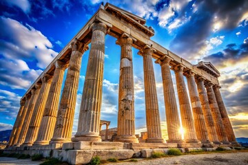 Obraz premium Majestic Greek Pillars Under Bright Blue Sky Symbolizing Ancient Architecture and Cultural Heritage