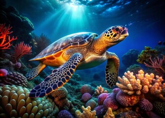 Obraz premium Majestic Hawksbill Sea Turtle Swimming Gracefully Through Vibrant Coral Reef Underwater Scene