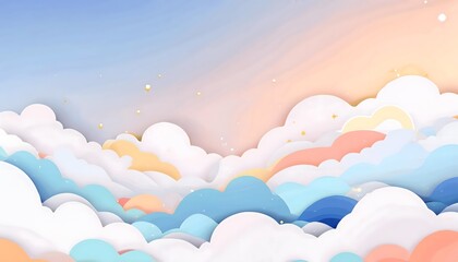 Fototapeta premium The sky background is filled with pastel fluffy clouds in a paper layer format.