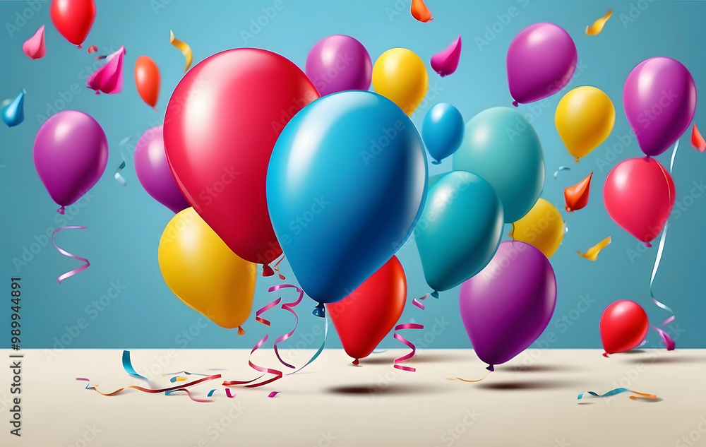 Fototapete A bunch of colourful balloons with dynamic flying confetti on a gradient background