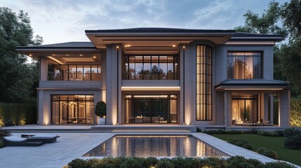 Fototapeta premium asian style villa with modern architecture and beautiful symmetry front view in the evening light showcasing the elegance and luxury of the home with contemporary design and peaceful ambiance