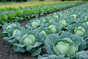 A Vast Field of Vibrant Green Cabbage Heads Thriving in Nutrient-Rich Soil Under Sunny Skies