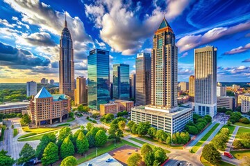 Obraz premium Majestic King and Queen Buildings in Atlanta Showcasing Modern Architecture Against Blue Sky