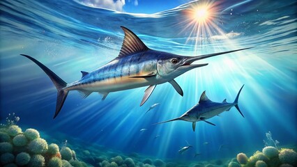 Fototapeta premium Majestic Marlin Swordfish Swimming Gracefully in Clear Blue Ocean Waters Under Bright Sunlight