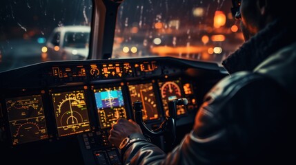 Beautiful close-up of a pilot's hand on an airplane in warm tones, conveying travel, safety, and flying expertise.
