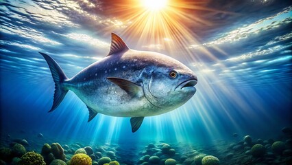 Fototapeta premium Majestic Mola Mola Fish Swimming Gracefully in Clear Ocean Waters Under Bright Sunlight Illumination