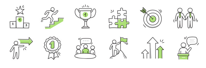 Doodle career icon set. Success winner, business goal, challenge hand drawn sketch line pen stroke style icon. Professional business career, goal sketch doodle drawn collection. Vector illustration