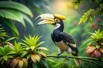 Obraz premium Majestic Oriental Pied Hornbill Perched Amidst Lush Greenery in a Tropical Forest Setting