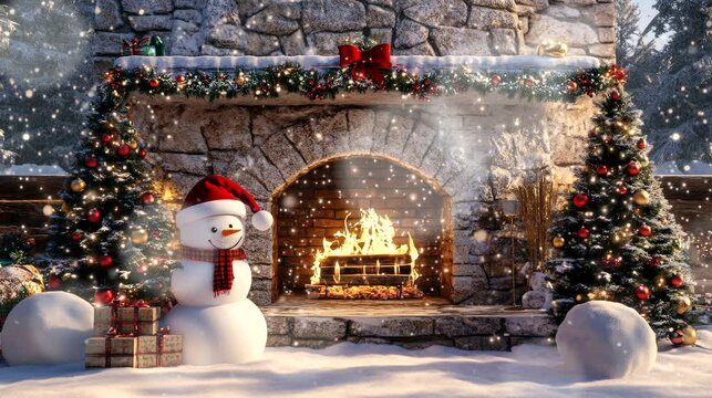 fireplace with snowman and christmas tree element decorations background. seamless looping time-lapse virtual 4k video animation background