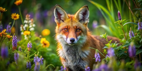 Fototapeta premium Majestic Red Fox in Natural Habitat Captured in Stunning Detail Among Lush Greenery and Wildflowers