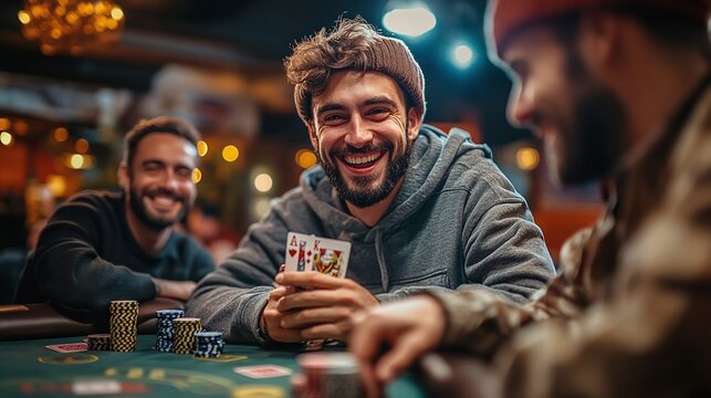 men friends having a poker night at home playing card game and having fun diverse ethnical group enjoying a night of competition strategy and excitement in a friendly poker game setting