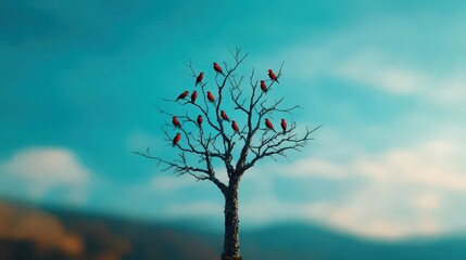 Low-angle shot of a tree with birds perched on its branches